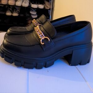 Black Chunky Loafers with Gold Chain